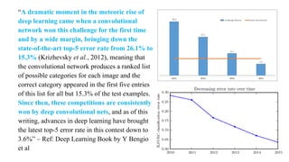 “A dramatic moment in the meteoric rise of
deep learning came when a convolutional
network won this challenge for the first time
and by a wide margin, bringing down the
state-of-the-art top-5 error rate from 26.1% to
15.3% (Krizhevsky et al., 2012), meaning that
the convolutional network produces a ranked list
of possible categories for each image and the
correct category appeared in the first five entries
of this list for all but 15.3% of the test examples.
Since then, these competitions are consistently
won by deep convolutional nets, and as of this
writing, advances in deep learning have brought
the latest top-5 error rate in this contest down to
3.6%” – Ref: Deep Learning Book by Y Bengio
et al
 