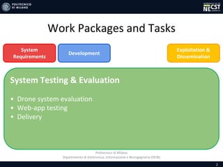 Politecnico di Milano
Dipartimento di Elettronica, Informazione e Bioingegneria (DEIB)
Work Packages and Tasks
2
System Testing & Evaluation
• Drone system evaluation
• Web-app testing
• Delivery
Exploitation &
Dissemination
System
Requirements
Development
 