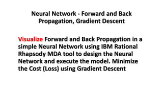 Neural Network - Forward and Back
Propagation, Gradient Descent
Visualize Forward and Back Propagation in a
simple Neural Network using IBM Rational
Rhapsody MDA tool to design the Neural
Network and execute the model. Minimize
the Cost (Loss) using Gradient Descent
 