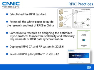 RPKI Practices
 Established the RPKI test-bed
 Released the white-paper to guide
the research and test of RPKI in China
 Carried out a research on designing the optimized
Rsync protocol to meet the scalability and efficiency
requirements of RPKI data synchronization
 Deployed RPKI CA and RP system in 2015.6
 Released RPKI pilot platform in 2015.12
RTR-Client/BGP Router
RP/RTR-Server
Root CA
CNNIC
ISP
资源分配模块(CA)
数据同步模块(RP)
BGP路由验证模块
 