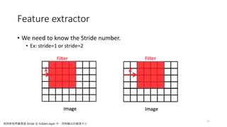 Feature extractor
• We need to know the Stride number.
• Ex: stride=1 or stride=2
27
有時候我們會透過 Stride 在 hidden layer 中，控制輸出的維度大小
 