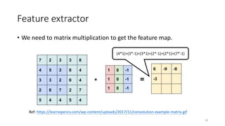 Feature extractor
28
Ref: https://learnopencv.com/wp-content/uploads/2017/11/convolution-example-matrix.gif
(4*1)+(3*-1)+(3*1)+(2*-1)+(2*1)+(7*-1)
• We need to matrix multiplication to get the feature map.
 