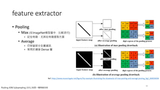feature extractor
30
Ref: https://www.researchgate.net/figure/Toy-example-illustrating-the-drawbacks-of-max-pooling-and-average-pooling_fig2_300020038
• Pooling
• Max (在ImageNet模型當中，比較流行)
• 記住特徵，尤其在特徵提取方面
• Average
• 仍保留部分全圖資訊
• 常用於連接 Dense 層
Pooling 或稱 Subsampling (池化) 就是一種降維技術
 