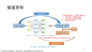 權重更新
36
DL、ML筆記(一):類神經網路概念 - JianJie - Medium
利用差異更新所學知識，進行知識修正的步驟
在深度學習網路中，所謂更新權重包含:
1. 所有神經元之間傳遞的權重
2. Kernal map 的權重 (核權重)
3. 誤差權重 (誤差值)
所以需要不斷進行權重更新，直到模型收斂；這個過程體現在程式當中的參數: epoch
 