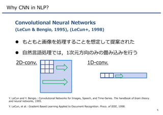 Why CNN in NLP?
l もともと画像を処理することを想定して提案された
l ⾃然⾔語処理では，1次元⽅向のみの畳み込みを⾏う
Convolutional Neural Networks
(LeCun & Bengio, 1995),...