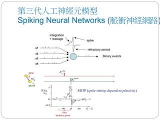 第三代人工神經元模型
Spiking Neural Networks (脈衝神經網路)
SDTP (spike-timing-dependent plasticity)
 