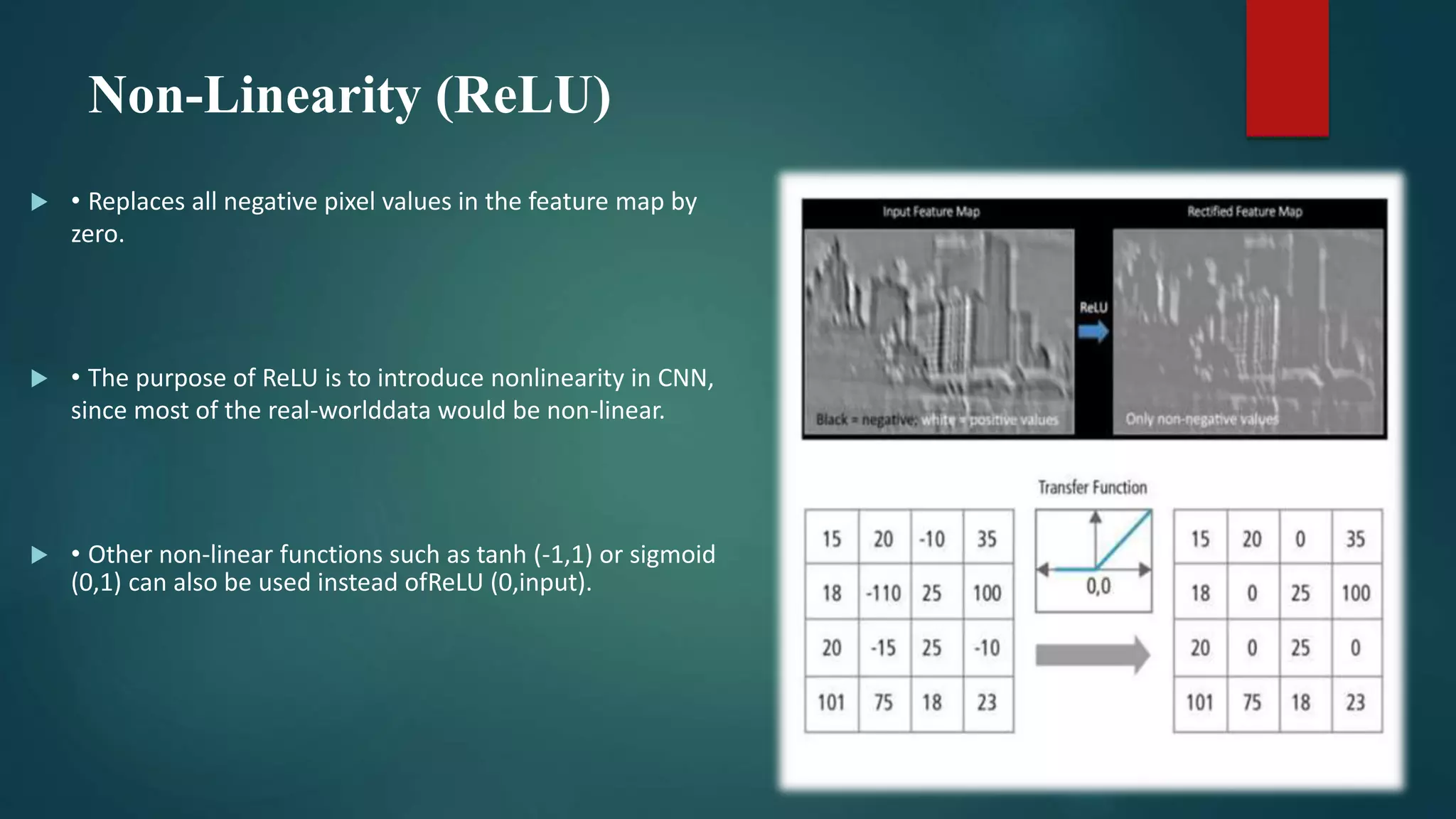 Non-Linearity (ReLU)
 • Replaces all negative pixel values in the feature map by
zero.
 • The purpose of ReLU is to introduce nonlinearity in CNN,
since most of the real-worlddata would be non-linear.
 • Other non-linear functions such as tanh (-1,1) or sigmoid
(0,1) can also be used instead ofReLU (0,input).
 