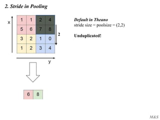 M&S
2. Stride in Pooling
2
Default in Theano
stride size = poolsize = (2,2)
Unduplicated!
 
