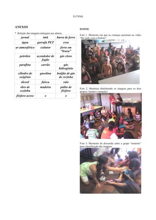 II CNNQ



ANEXOS
                                                         FOTOS
* Relação das imagens entregues aos alunos.
                                                         Foto 1. Momento em que as crianças assistiam ao vídeo
     jornal              ímã          barra de ferro     “De onde vem o fósforo”.
      água          garrafa PET               cera
ar atmosférico         extintor          ferro em
                                         “brasa”
    petróleo       acendedor de         gás cloro
                      fogão
    parafina           carvão              gás
                                       hidrogênio
  cilindro de         gasolina        botijão de gás
   oxigênio                            de cozinha
     álcool             faísca                raio
    óleo de           madeira            palito de       Foto 2. Monitora distribuindo as imagens para os dois
    cozinha                               fósforo        grupos- laranja e amarelo)
 fósforo aceso             x                   x




                                                         Foto 3. Momento de discussão entre o grupo “amarelo”
                                                         para classificação das imagens.
 