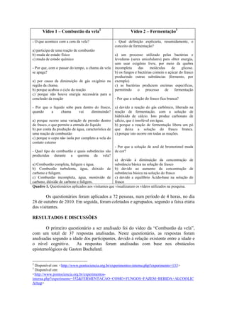 Vídeo 1 – Combustão da vela2                              Vídeo 2 – Fermentação3

- O que acontece com a cera da vela?                  - Qual definição explicaria, resumidamente, o
                                                      conceito de fermentação?
a) participa de uma reação de combustão
b) muda de estado físico                              a) um processo utilizado pelas bactérias e
c) muda de estado químico                             leveduras (seres unicelulares) para obter energia,
                                                      sem usar oxigênio livre, por meio da quebra
- Por que, com o passar do tempo, a chama da vela     incompleta     das     moléculas    de    glicose.
se apaga?                                             b) os fungos e bactérias comem o açúcar do frasco
                                                      produzindo outras substâncias (fermento, por
a) por causa da diminuição de gás oxigênio na         exemplo)
região da chama.                                      c) as bactérias produzem enzimas especificas,
b) porque acabou o ciclo da reação                    permitindo     o    processo    de    fermentação
c) porque não houve energia necessária para a
conclusão da reação                                   - Por que a solução do frasco fica branca?

- Por que o líquido sobe para dentro do frasco,       a) devido a reação do gás carbônico, liberado na
quando     a     chama     vai     diminuindo?        reação de fermentação, com a solução de
                                                      hidróxido de cálcio. Isto produz carbonato de
a) porque ocorre uma variação de pressão dentro       cálcio, que é insolúvel em água.
do frasco, o que permite a entrada do líquido         b) porque a reação de fermentação libera um pó
b) por conta da produção de água, característica de   que deixa a solução do frasco branca.
uma reação de combustão                               c) porque isto ocorre em todas as reações.
c) porque o copo não isola por completo a vela do
contato externo
                                                      - Por que a solução de azul de bromotimol muda
- Qual tipo de combustão e quais substâncias são      de cor?
produzidas durante a queima da vela?
                                                     a) devido à diminuição da concentração de
a) Combustão completa, fuligem e água.               substância básica na solução do frasco
b) Combustão turbulenta, água, dióxido de b) devido ao aumento da concentração de
carbono e fuligem.                                   substâncias básica na solução do frasco
c) Combustão incompleta, água, monóxido de c) devido a equilíbrio Ácido-base na solução do
carbono, dióxido de carbono e fuligem.               frasco
Quadro 1. Questionários aplicados aos visitantes que visualizaram os vídeos utilizados na pesquisa.

        Os questionários foram aplicados a 72 pessoas, num período de 4 horas, no dia
28 de outubro de 2010. Em seguida, foram coletados e agrupados, segundo a faixa etária
dos visitantes.

RESULTADOS E DISCUSSÕES

       O primeiro questionário a ser analisado foi do vídeo da “Combustão da vela”,
com um total de 37 respostas analisadas. Neste questionário, as respostas foram
analisadas segundo a idade dos participantes, devido à relação existente entre a idade e
o nível cognitivo.     As respostas foram analisadas com base nos obstáculos
epistemológicos de Gaston Bachelard.


2
  Disponível em: <http://www.pontociencia.org.br/experimentos-interna.php?experimento=133>
3
  Disponível em:
<http://www.pontociencia.org.br/experimentos-
interna.php?experimento=552&FERMENTACAO+COMO+FUNGOS+FAZEM+BEBIDA+ALCOOLIC
A#top>
 