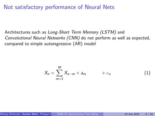 Not satisfactory performance of Neural Nets
Architectures such as Long-Short Term Memory (LSTM) and
Convolutional Neural Networks (CNN) do not perform as well as expected,
compared to simple autoregressive (AR) model
Xn =
M
m=1
Xn−m × am + εn (1)
Mikolaj Bi´nkowski, Gautier Marti, Philippe Donnat (Imperial College)CNNs for Asynchronous Time Series 18 July 2018 6 / 10
 