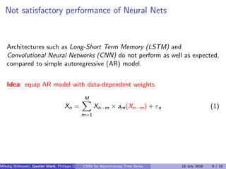 Not satisfactory performance of Neural Nets
Architectures such as Long-Short Term Memory (LSTM) and
Convolutional Neural Networks (CNN) do not perform as well as expected,
compared to simple autoregressive (AR) model.
Idea: equip AR model with data-dependent weights
Xn =
M
m=1
Xn−m × am(Xn−m) + εn (1)
Mikolaj Bi´nkowski, Gautier Marti, Philippe Donnat (Imperial College)CNNs for Asynchronous Time Series 18 July 2018 6 / 10
 