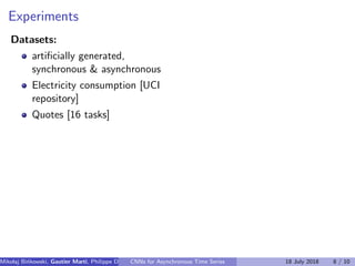Experiments
Datasets:
artiﬁcially generated,
synchronous  asynchronous
Electricity consumption [UCI
repository]
Quotes [16 tasks]
Mikolaj Bi´nkowski, Gautier Marti, Philippe Donnat (Imperial College)CNNs for Asynchronous Time Series 18 July 2018 8 / 10
 