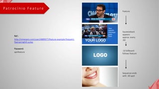 Pa t ro c í n i o F e a t u r e
Feature
Squeezeback
appears
approx. every
:60
:10 billboard
follows feature
Sequence ends
with :30 spot
Ref.:
http://vimeopro.com/user24889077/feature-example-frequent-
flyerspringhill-suites
Password:
apnfeature
 
