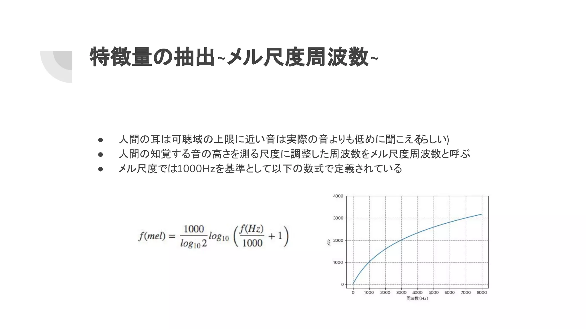 特徴量 抽出~メル尺度周波数~
● 人間 耳 可聴域 上限に近い音 実際 音よりも低めに聞こえる(らしい)
● 人間 知覚する音 高さを測る尺度に調整した周波数をメル尺度周波数と呼ぶ
● メル尺度で 1000Hzを基準として以下 数式で定義されている
 