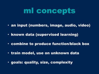 ml concepts
• an input (numbers, image, audio, video)
• known data (supervised learning)
• combine to produce function/black box
• train model, use on unknown data
• goals: quality, size, complexity
 