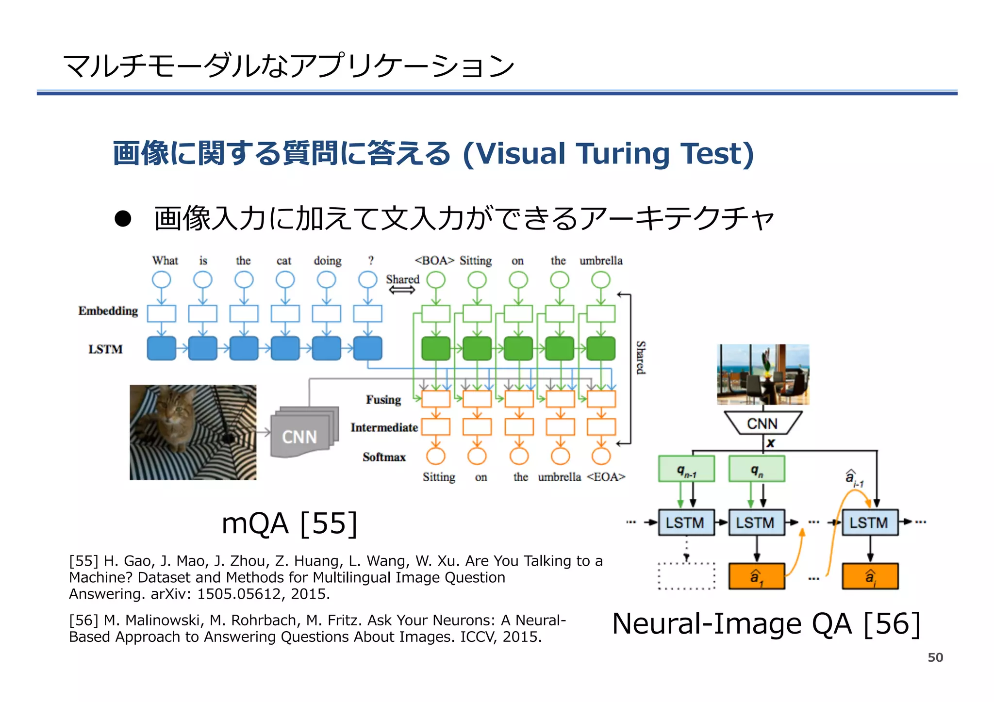 マルチモーダルなアプリケーション
l  画像⼊入⼒力力に加えて⽂文⼊入⼒力力ができるアーキテクチャ
画像に関する質問に答える  (Visual  Turing  Test)
50
mQA  [55]
Neural-‐‑‒Image  QA  [56]
[55]  H.  Gao,  J.  Mao,  J.  Zhou,  Z.  Huang,  L.  Wang,  W.  Xu.  Are  You  Talking  to  a  
Machine?  Dataset  and  Methods  for  Multilingual  Image  Question  
Answering.  arXiv:  1505.05612,  2015.
[56]  M.  Malinowski,  M.  Rohrbach,  M.  Fritz.  Ask  Your  Neurons:  A  Neural-‐‑‒
Based  Approach  to  Answering  Questions  About  Images.  ICCV,  2015.
 
