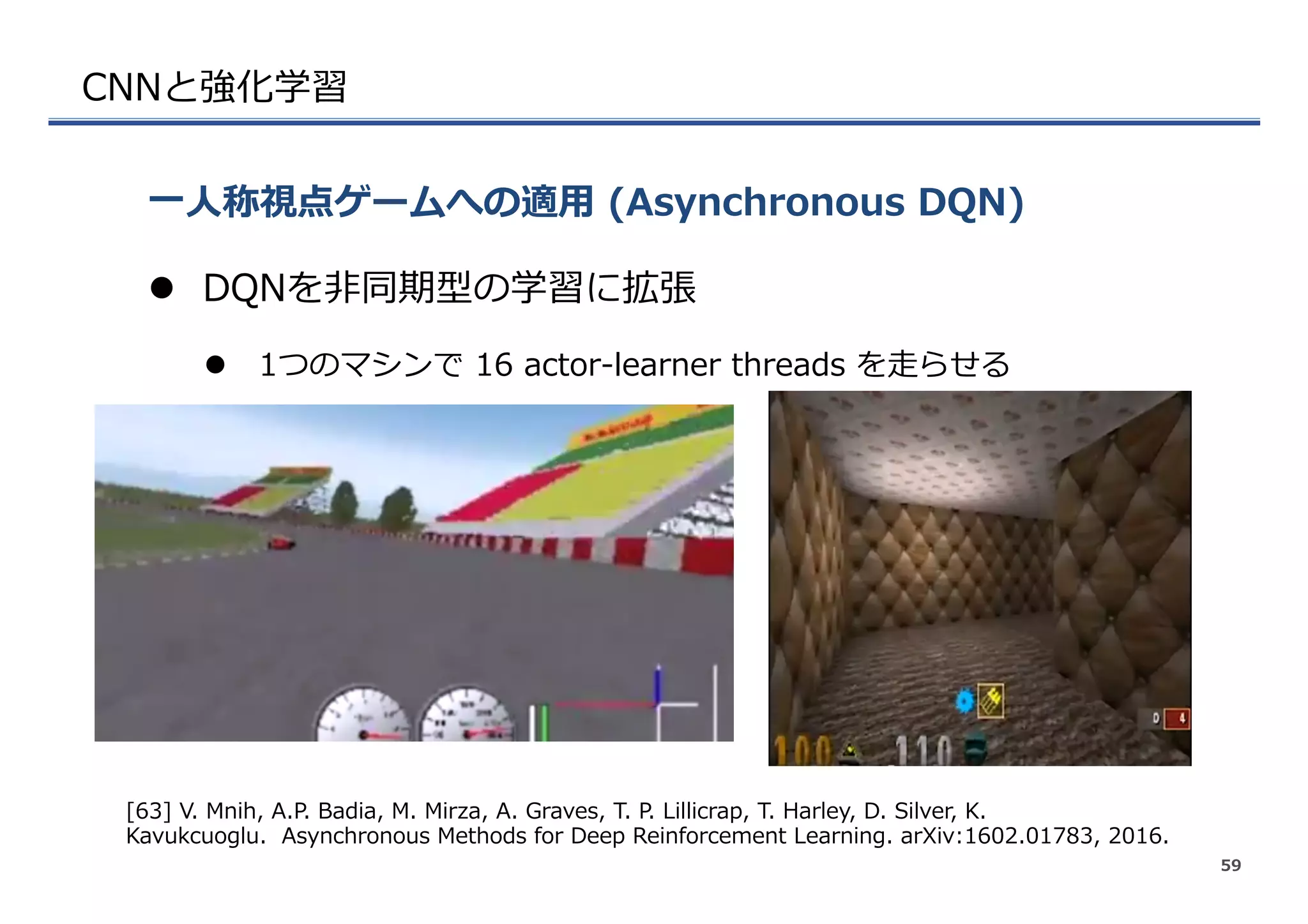 CNNと強化学習
l  DQNを⾮非同期型の学習に拡張
l  1つのマシンで  16  actor-‐‑‒learner  threads  を⾛走らせる
⼀一⼈人称視点ゲームへの適⽤用  (Asynchronous  DQN)
59
[63]  V.  Mnih,  A.P.  Badia,  M.  Mirza,  A.  Graves,  T.  P.  Lillicrap,  T.  Harley,  D.  Silver,  K.  
Kavukcuoglu.    Asynchronous  Methods  for  Deep  Reinforcement  Learning.  arXiv:1602.01783,  2016.
 