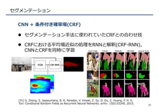 セグメンテーション
l  セグメンテーション⼿手法に使われていたCRFとの合わせ技
l  CRFにおける平均場近似の処理理をRNNと解釈(CRF-‐‑‒RNN)，
CNNとCRFを同時に学習
CNN  +  条件付き確率率率場(CRF)
24
[31]  S.  Zheng,  S.  Jayasumana,  B.  R.  Paredes,  V.  Vineet,  Z.  Su,  D.  Du,  C.  Huang,  P.  H.  S.  
Torr.  Conditional  Random  Fields  as  Recurrent  Neural  Networks.  arXiv:  1502.03240,  2015.
 