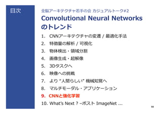 ⽬目次 全脳アーキテクチャ若若⼿手の会  カジュアルトーク#2
Convolutional  Neural  Networks
のトレンド
1.  CNNアーキテクチャの変遷  /  最適化⼿手法
2.  特徴量量の解析  /  可視化
3.  物体検出・領領域分割
4.  画像⽣生成・超解像
5.  3Dタスクへ
6.  映像への挑戦
7.  より  “⼈人間らしい”  機械知覚へ
8.  マルチモーダル・アプリケーション
9.  CNNと強化学習
10.  Whatʼ’s  Next  ?  –ポスト  ImageNet  ...
55
 