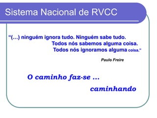 Sistema Nacional de RVCC

“(…) ninguém ignora tudo. Ninguém sabe tudo.
                Todos nós sabemos alguma coisa.
                 Todos nós ignoramos alguma coisa.”
                                   Paulo Freire



       O caminho faz-se ...
                               caminhando
 