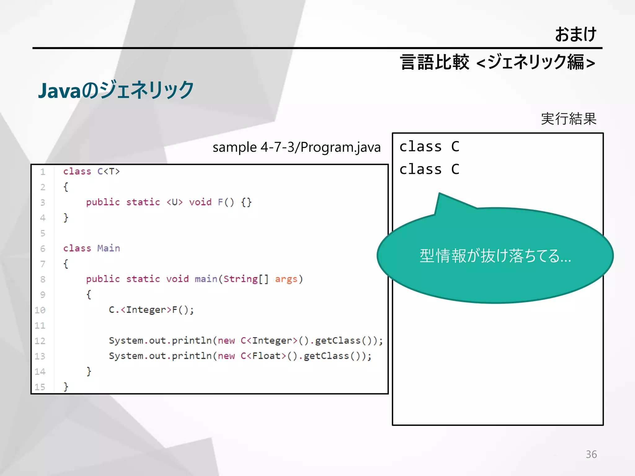 sample 4-7-3/Program.java
実行結果
class C
class C
36
おまけ
Javaのジェネリック
言語比較 <ジェネリック編>
型情報が抜け落ちてる…
 