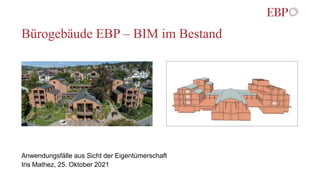 Bürogebäude EBP – BIM im Bestand
Anwendungsfälle aus Sicht der Eigentümerschaft
Iris Mathez, 25. Oktober 2021
 