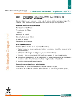 545 
9364 OPERADORES DE MÁQUINAS PARA ELABORACIÓN DE 
PRODUCTOS DE TABACO 
Operan máquinas para preparar y tratar hoja de tabaco, fabricar y empacar cigarrillos y 
tabacos. Están empleados por empresas fabricantes de cigarrillos y tabacos. 
Ejemplos de títulos ocupacionales 
Acondicionador de Tabaco 
Aromatizador de Tabaco 
Cigarrero 
Mezclador de Tabaco 
Operario, Secado del Tabaco 
Oreador de Tabaco 
Empacador de Cigarrillos 
Principales funciones 
Realizan todas o algunas de las siguientes funciones: 
• Operar máquinas para mezclar, aromatizar, humedecer, despalillar, secar, o cortar 
hojas de tabaco. 
• Alimentar y descargar las máquinas procesadoras de tabaco. 
• Atender y operar máquinas de fabricación y empaque de cigarrillos y tabaco. 
• Limpiar las obstrucciones de las máquinas si es requerido e informar al supervisor o 
mecánico sobre el mal funcionamiento o irregularidades del producto. 
• Limpiar máquinas y áreas de trabajo. 
Ocupaciones con funciones relacionadas 
Supervisores de Elaboración Alimentos, Bebidas y Tabaco (9213) 
Inspectores de Control de Calidad - Procesamiento de Alimentos y Bebidas (9365) 
 