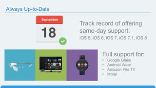 Always Up-to-Date
Track record of offering
same-day support:
iOS 5, iOS 6, iOS 7, iOS 7.1, iOS 8
Full support for:
• Google Glass
• Android Wear
• Amazon Fire TV
• More!
 