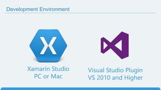 Xamarin Studio
PC or Mac
Visual Studio Plugin
VS 2010 and Higher
Development Environment
 
