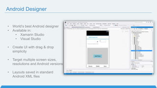 Android Designer
• World’s best Android designer
• Available in:
• Xamarin Studio
• Visual Studio
• Create UI with drag & drop
simplicity
• Target multiple screen sizes,
resolutions and Android versions
• Layouts saved in standard
Android XML files
 