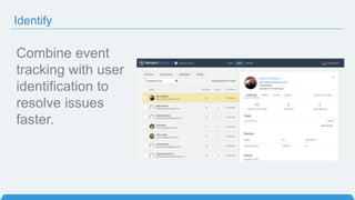 Identify
Combine event
tracking with user
identification to
resolve issues
faster.
 