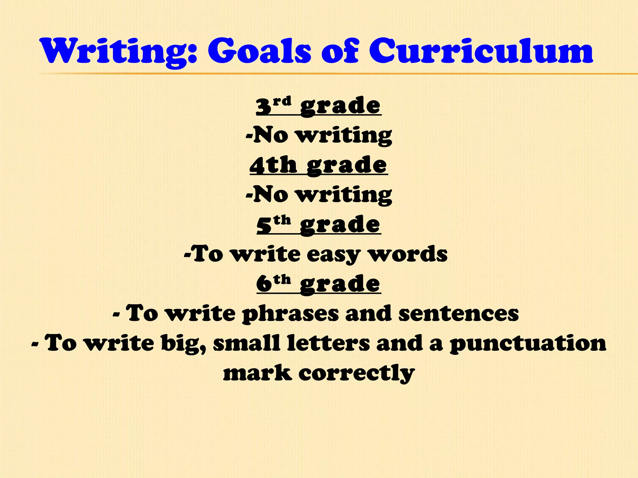 Writing: Goals of Curriculum 3 rd  grade -No writing 4th grade -No writing 5 th  grade -To write easy words  6 th  grade - To write phrases and sentences  - To write big, small letters and a punctuation mark correctly 