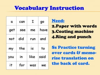 Vocabulary Instruction Need: Paper with words Coating machine Ring and punch Ss Practice turning  over cards & memo- rise translation on  the back of card. 