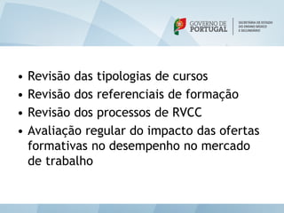 •   Revisão das tipologias de cursos
•   Revisão dos referenciais de formação
•   Revisão dos processos de RVCC
•   Avaliação regular do impacto das ofertas
    formativas no desempenho no mercado
    de trabalho
 