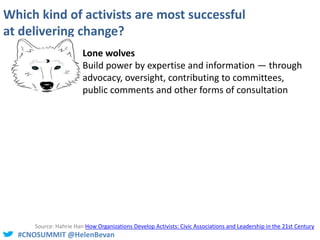#CNOSUMMIT @HelenBevan#CNOSUMMIT @HelenBevan
Which kind of activists are most successful
at delivering change?
Lone wolves...