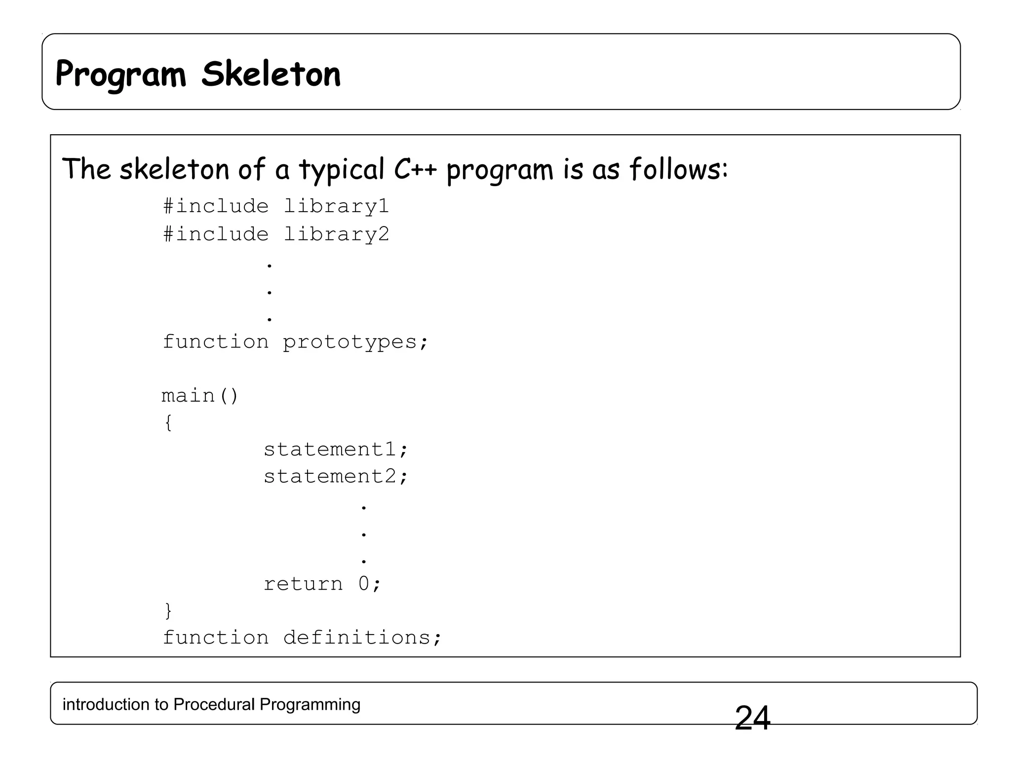 Program Skeleton The skeleton of a typical C++ program is as follows: #include library1 #include library2 . . . function prototypes; main() { statement1; statement2; . . . return 0; } function definitions; introduction to Procedural Programming 24 