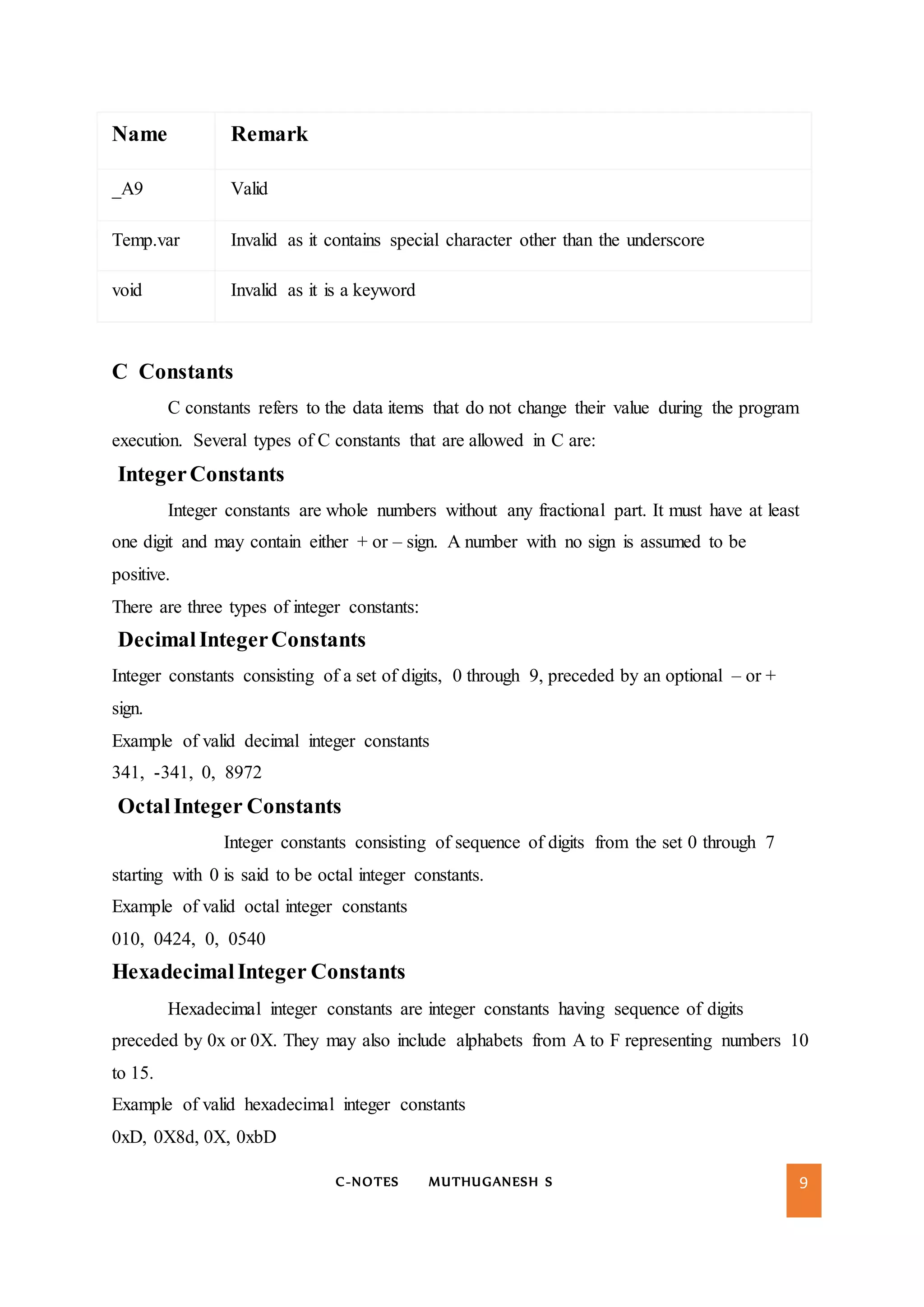 C-NOTES MUTHUGANESH S 9
Name Remark
_A9 Valid
Temp.var Invalid as it contains special character other than the underscore
void Invalid as it is a keyword
C Constants
C constants refers to the data items that do not change their value during the program
execution. Several types of C constants that are allowed in C are:
IntegerConstants
Integer constants are whole numbers without any fractional part. It must have at least
one digit and may contain either + or – sign. A number with no sign is assumed to be
positive.
There are three types of integer constants:
DecimalIntegerConstants
Integer constants consisting of a set of digits, 0 through 9, preceded by an optional – or +
sign.
Example of valid decimal integer constants
341, -341, 0, 8972
OctalInteger Constants
Integer constants consisting of sequence of digits from the set 0 through 7
starting with 0 is said to be octal integer constants.
Example of valid octal integer constants
010, 0424, 0, 0540
HexadecimalInteger Constants
Hexadecimal integer constants are integer constants having sequence of digits
preceded by 0x or 0X. They may also include alphabets from A to F representing numbers 10
to 15.
Example of valid hexadecimal integer constants
0xD, 0X8d, 0X, 0xbD
 