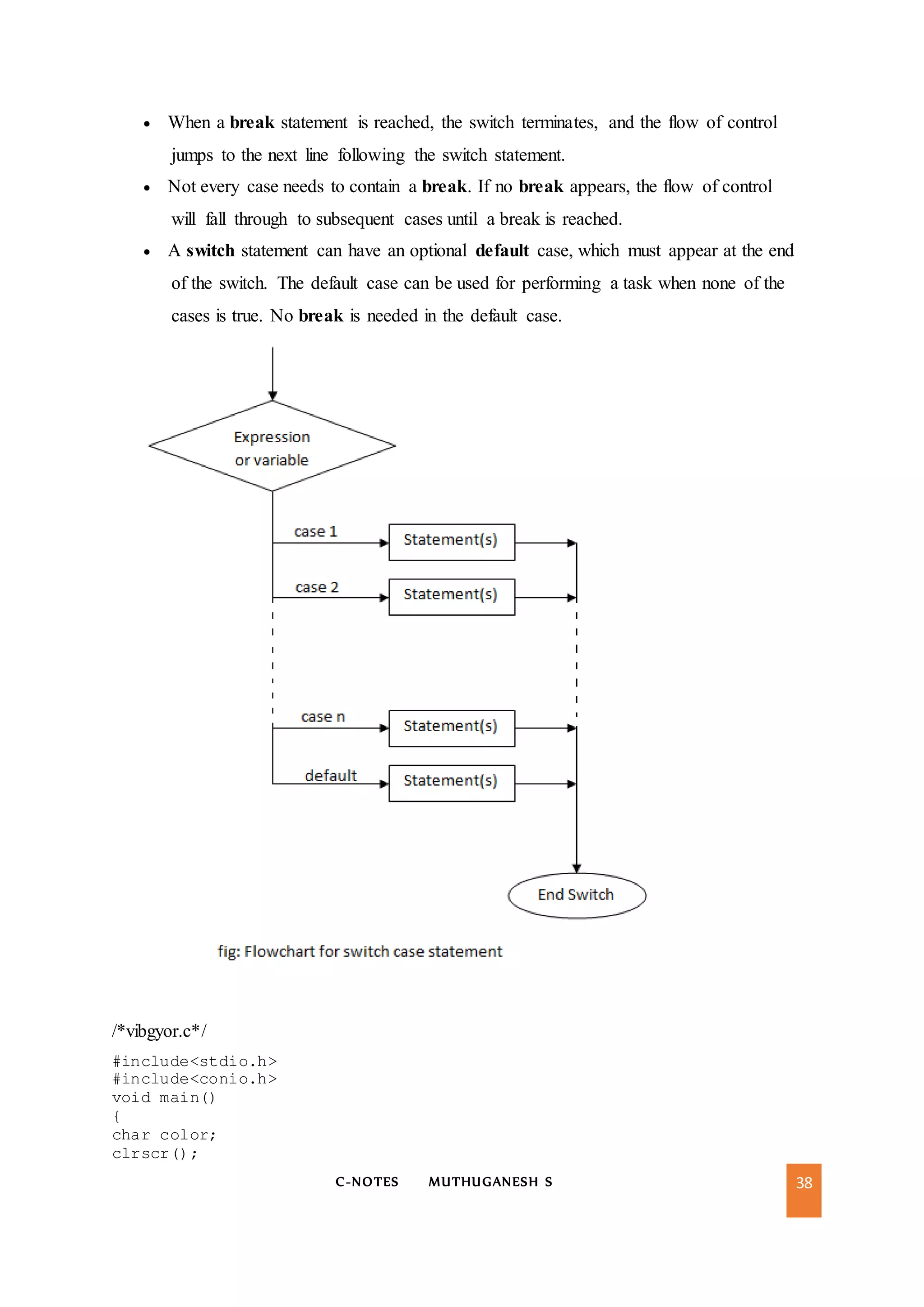 C-NOTES MUTHUGANESH S 38
 When a break statement is reached, the switch terminates, and the flow of control
jumps to the next line following the switch statement.
 Not every case needs to contain a break. If no break appears, the flow of control
will fall through to subsequent cases until a break is reached.
 A switch statement can have an optional default case, which must appear at the end
of the switch. The default case can be used for performing a task when none of the
cases is true. No break is needed in the default case.
/*vibgyor.c*/
#include<stdio.h>
#include<conio.h>
void main()
{
char color;
clrscr();
 