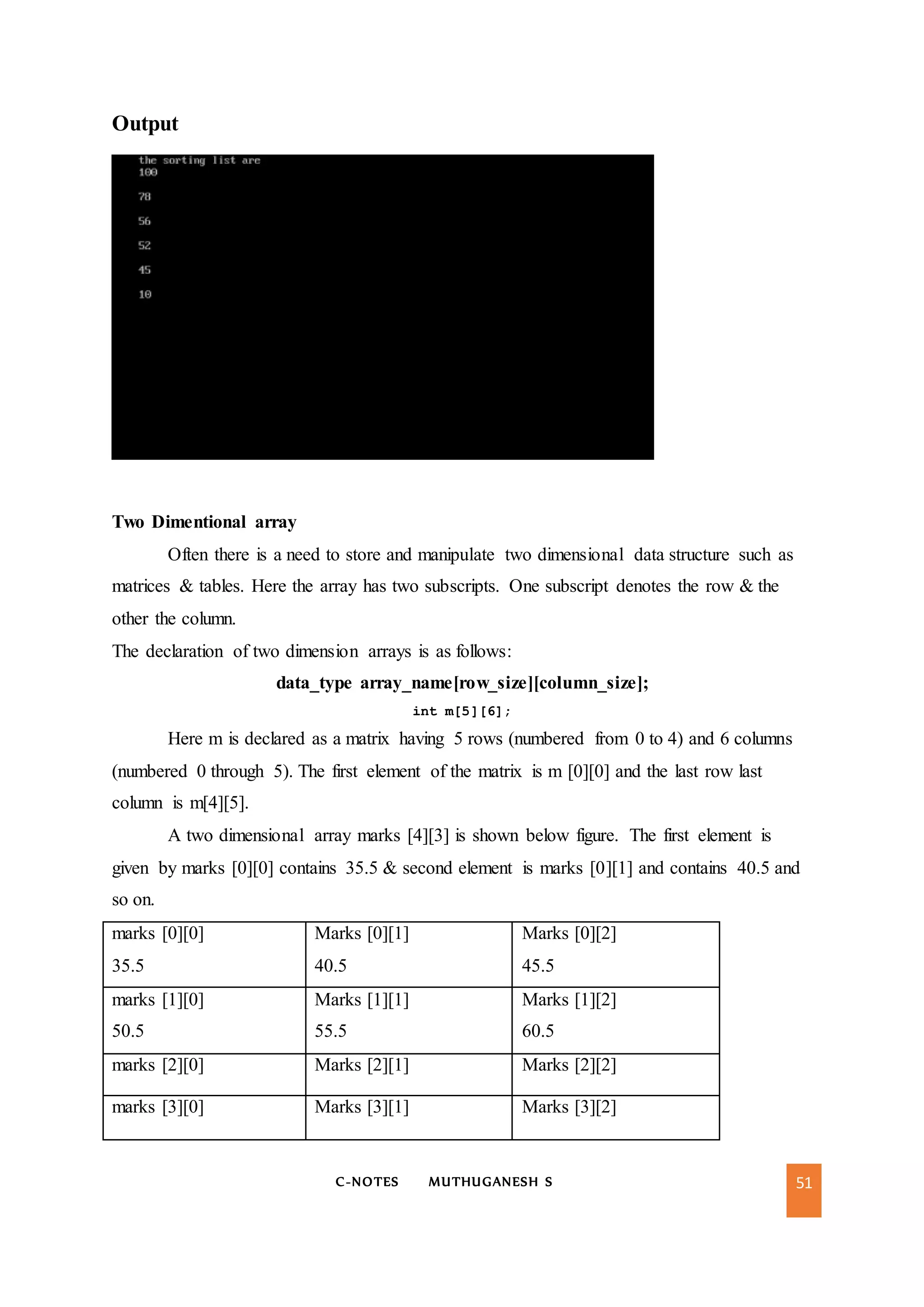 C-NOTES MUTHUGANESH S 51
Output
Two Dimentional array
Often there is a need to store and manipulate two dimensional data structure such as
matrices & tables. Here the array has two subscripts. One subscript denotes the row & the
other the column.
The declaration of two dimension arrays is as follows:
data_type array_name[row_size][column_size];
int m[5][6];
Here m is declared as a matrix having 5 rows (numbered from 0 to 4) and 6 columns
(numbered 0 through 5). The first element of the matrix is m [0][0] and the last row last
column is m[4][5].
A two dimensional array marks [4][3] is shown below figure. The first element is
given by marks [0][0] contains 35.5 & second element is marks [0][1] and contains 40.5 and
so on.
marks [0][0]
35.5
Marks [0][1]
40.5
Marks [0][2]
45.5
marks [1][0]
50.5
Marks [1][1]
55.5
Marks [1][2]
60.5
marks [2][0] Marks [2][1] Marks [2][2]
marks [3][0] Marks [3][1] Marks [3][2]
 