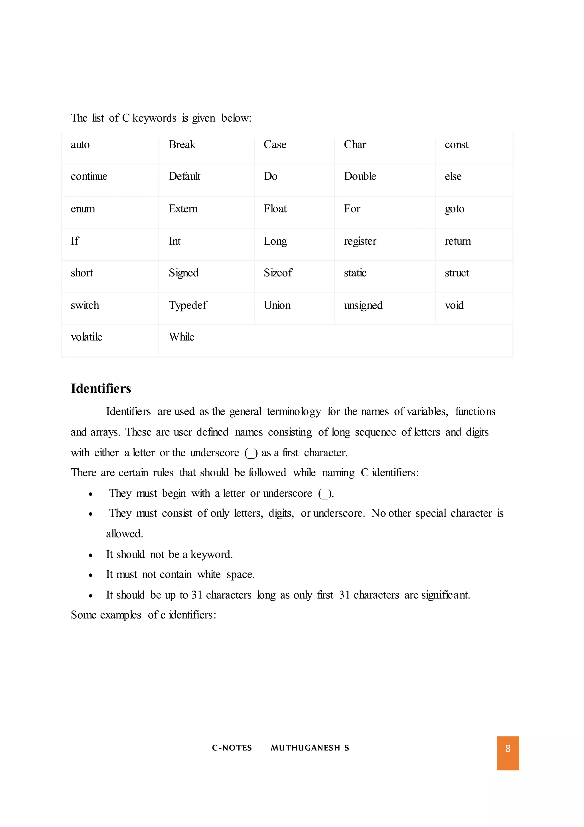 C-NOTES MUTHUGANESH S 8
The list of C keywords is given below:
auto Break Case Char const
continue Default Do Double else
enum Extern Float For goto
If Int Long register return
short Signed Sizeof static struct
switch Typedef Union unsigned void
volatile While
Identifiers
Identifiers are used as the general terminology for the names of variables, functions
and arrays. These are user defined names consisting of long sequence of letters and digits
with either a letter or the underscore (_) as a first character.
There are certain rules that should be followed while naming C identifiers:
 They must begin with a letter or underscore (_).
 They must consist of only letters, digits, or underscore. No other special character is
allowed.
 It should not be a keyword.
 It must not contain white space.
 It should be up to 31 characters long as only first 31 characters are significant.
Some examples of c identifiers:
 