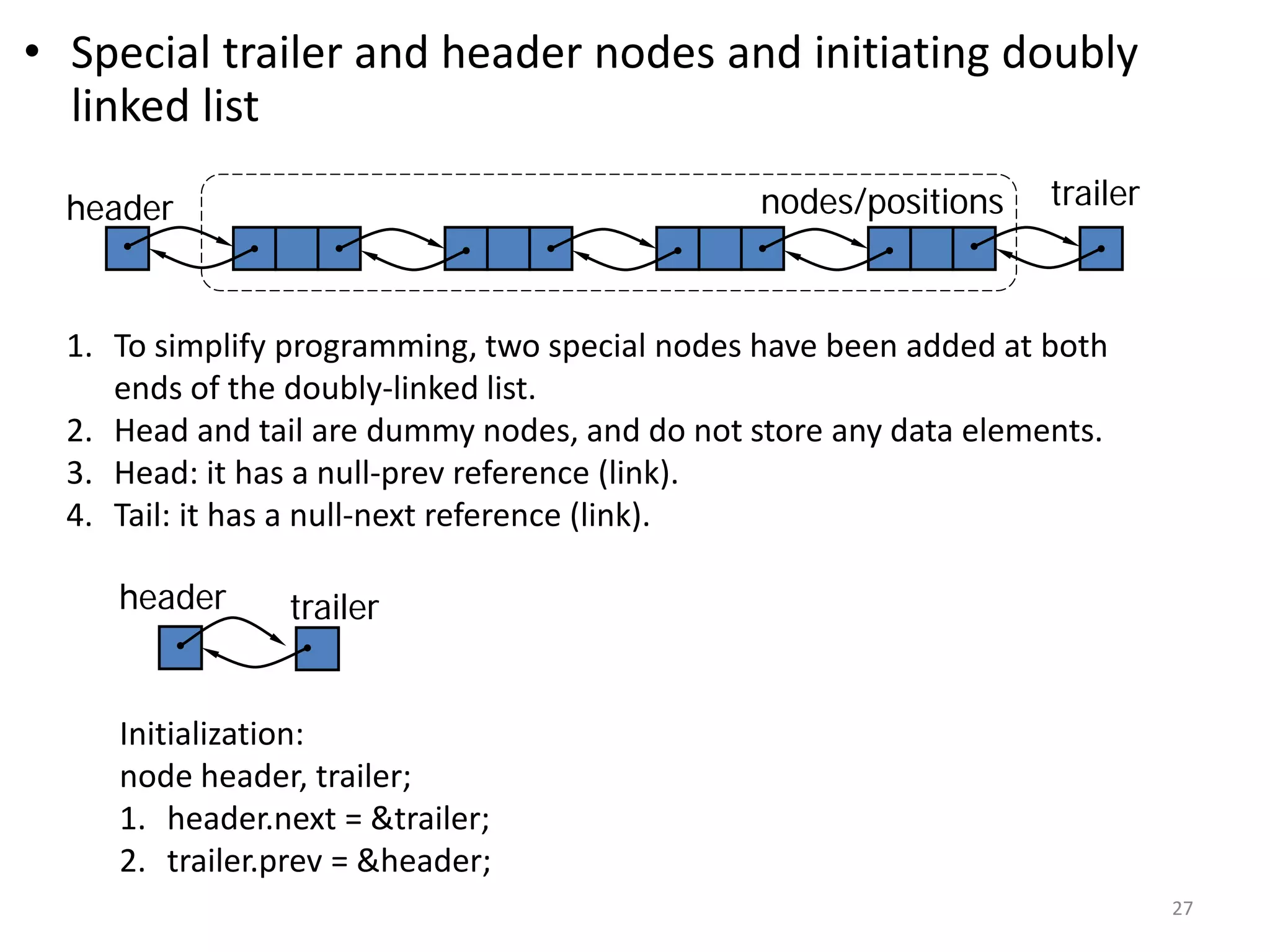 • Special trailer and header nodes and initiating doubly
linked list
trailer
header nodes/positions
1. To simplify programming, two special nodes have been added at both
ends of the doubly-linked list.
2. Head and tail are dummy nodes, and do not store any data elements.
3. Head: it has a null-prev reference (link).
4. Tail: it has a null-next reference (link).
trailer
header
Initialization:
node header, trailer;
1. header.next = &trailer;
2. trailer.prev = &header;
27
 