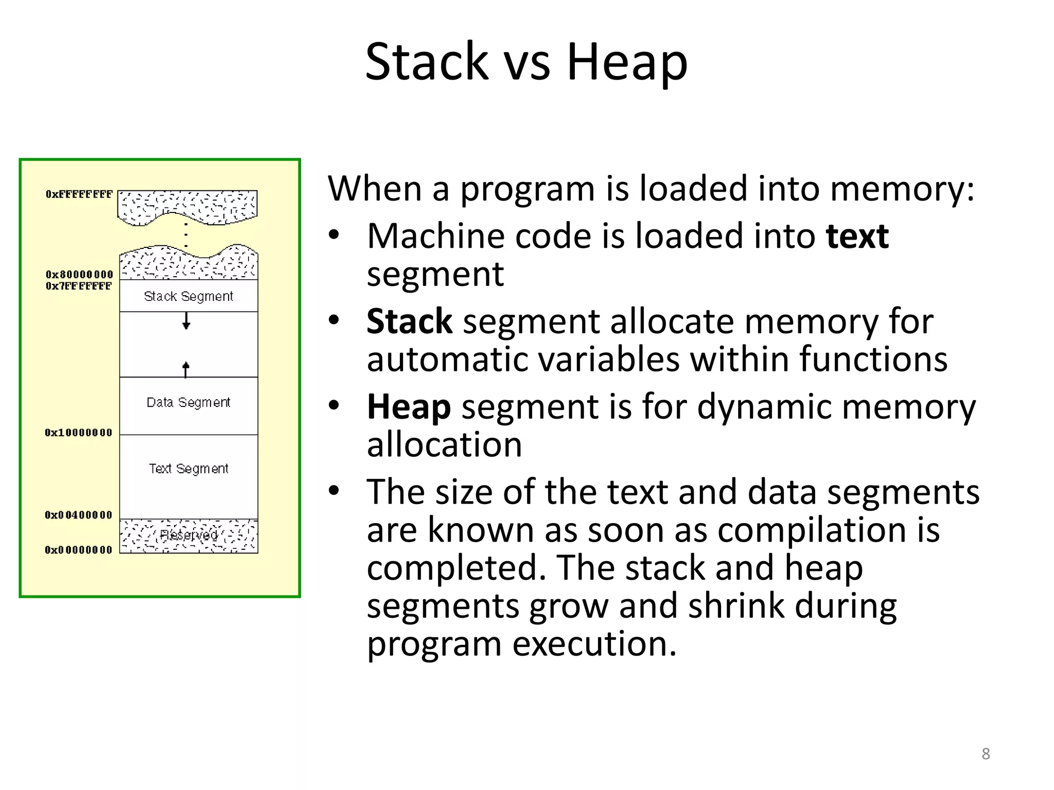 Stack vs Heap
When a program is loaded into memory:
• Machine code is loaded into text
segment
• Stack segment allocate memory for
automatic variables within functions
• Heap segment is for dynamic memory
allocation
• The size of the text and data segments
are known as soon as compilation is
completed. The stack and heap
segments grow and shrink during
program execution.
8
 