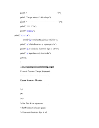 printf( " -----------------------------------------------n");

         printf( "Escape sequnce t Meaningn");

         printf( " -------------------------------------------------n");

         printf("  t " n");

         printf(" ’ t ’ n");

printf(" " t " n");

                printf(" n t line feed & carriage returnn ");

         printf(" t t Tab characters or eigth spacesn");

         printf(" b t Erase one char from right to leftn");

         printf(" r t perform only line feedn");

         getch();

         }

         This program produces following output

         Example Program (Escape Sequence)

         --------------------------------------------

         Escape Sequence Meaning

         ------------------------------------------

          

         ’ ‘

         " "

         n line feed & carriage return

         t Tab Characters or eight spaces

         b Erase one char from right to left
 