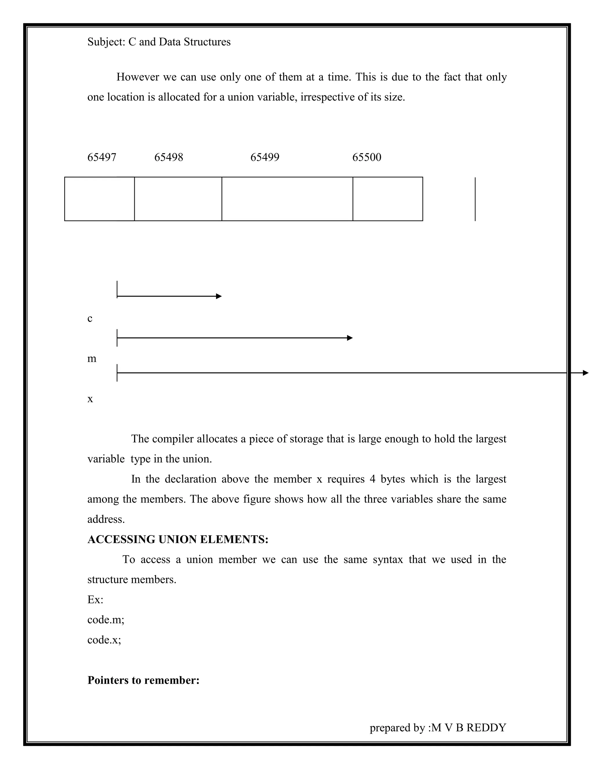 Subject: C and Data Structures 
However we can use only one of them at a time. This is due to the fact that only 
one location is allocated for a union variable, irrespective of its size. 
65497 65498 65499 65500 
prepared by :M V B REDDY 
c 
m 
x 
The compiler allocates a piece of storage that is large enough to hold the largest 
variable type in the union. 
In the declaration above the member x requires 4 bytes which is the largest 
among the members. The above figure shows how all the three variables share the same 
address. 
ACCESSING UNION ELEMENTS: 
To access a union member we can use the same syntax that we used in the 
structure members. 
Ex: 
code.m; 
code.x; 
Pointers to remember: 
 