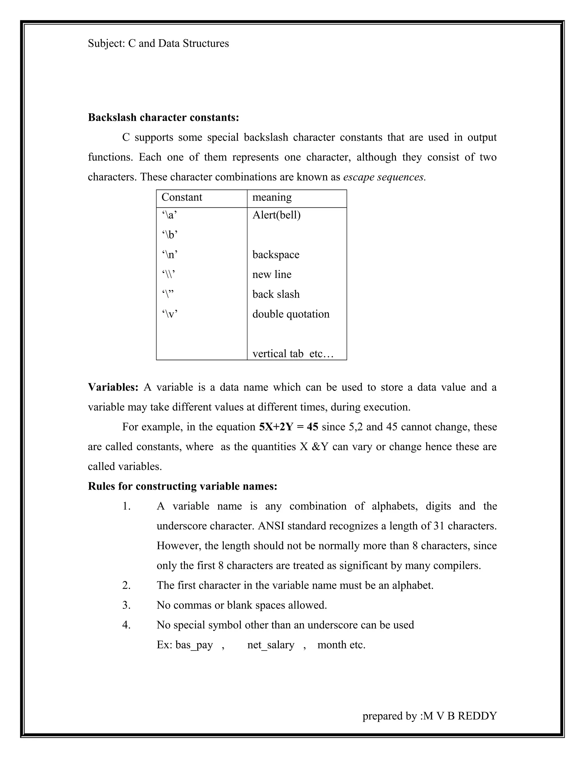 Subject: C and Data Structures 
Backslash character constants: 
C supports some special backslash character constants that are used in output 
functions. Each one of them represents one character, although they consist of two 
characters. These character combinations are known as escape sequences. 
Constant meaning 
‘a’ 
‘b’ 
‘n’ 
‘’ 
‘” 
‘v’ 
Alert(bell) 
backspace 
new line 
back slash 
double quotation 
vertical tab etc… 
Variables: A variable is a data name which can be used to store a data value and a 
variable may take different values at different times, during execution. 
For example, in the equation 5X+2Y = 45 since 5,2 and 45 cannot change, these 
are called constants, where as the quantities X &Y can vary or change hence these are 
called variables. 
Rules for constructing variable names: 
1. A variable name is any combination of alphabets, digits and the 
underscore character. ANSI standard recognizes a length of 31 characters. 
However, the length should not be normally more than 8 characters, since 
only the first 8 characters are treated as significant by many compilers. 
2. The first character in the variable name must be an alphabet. 
3. No commas or blank spaces allowed. 
4. No special symbol other than an underscore can be used 
Ex: bas_pay , net_salary , month etc. 
prepared by :M V B REDDY 
 