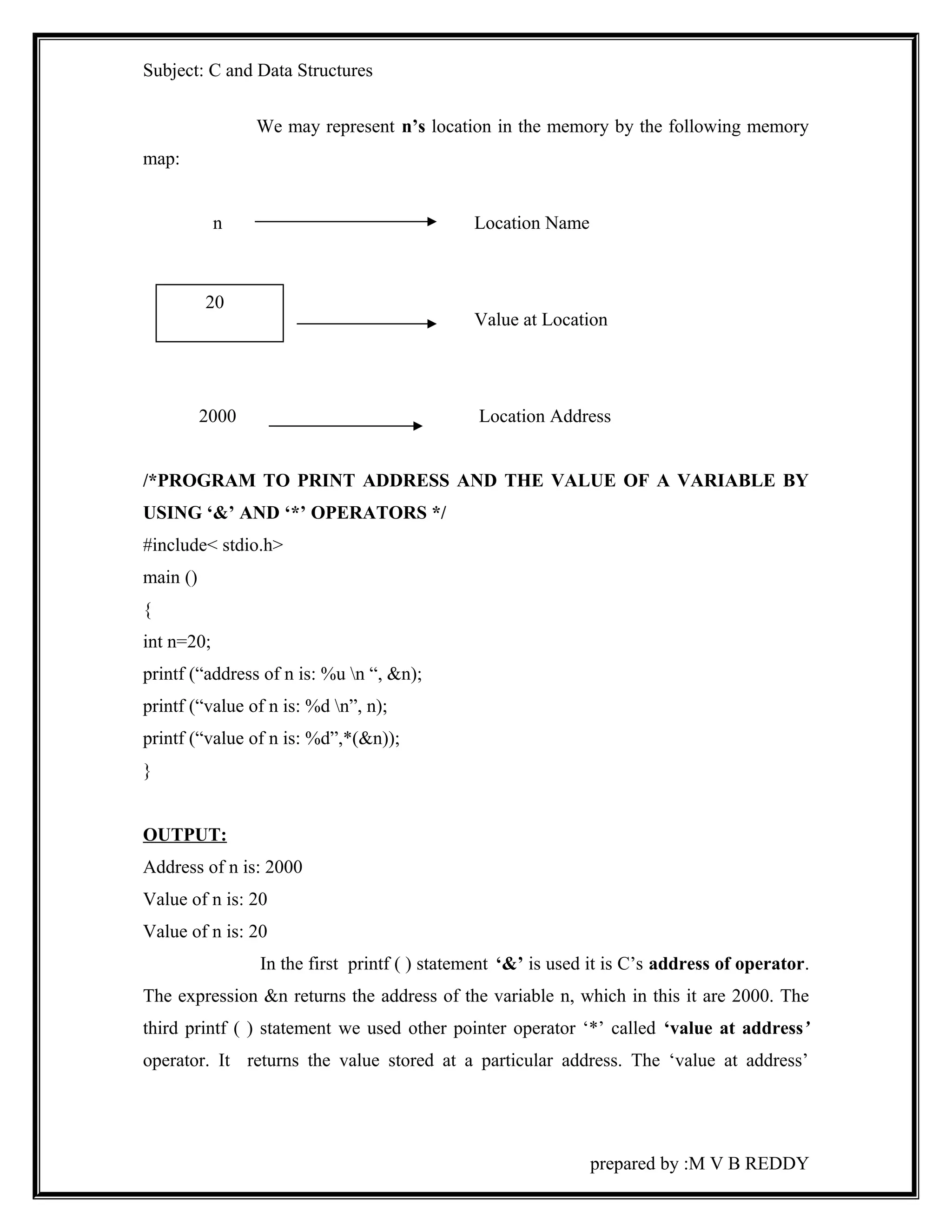 Subject: C and Data Structures 
We may represent n’s location in the memory by the following memory 
map: 
n Location Name 
Value at Location 
2000 Location Address 
/*PROGRAM TO PRINT ADDRESS AND THE VALUE OF A VARIABLE BY 
USING ‘&’ AND ‘*’ OPERATORS */ 
#include< stdio.h> 
main () 
{ 
int n=20; 
printf (“address of n is: %u n “, &n); 
printf (“value of n is: %d n”, n); 
printf (“value of n is: %d”,*(&n)); 
} 
OUTPUT: 
Address of n is: 2000 
Value of n is: 20 
Value of n is: 20 
In the first printf ( ) statement ‘&’ is used it is C’s address of operator. 
The expression &n returns the address of the variable n, which in this it are 2000. The 
third printf ( ) statement we used other pointer operator ‘*’ called ‘value at address’ 
operator. It returns the value stored at a particular address. The ‘value at address’ 
prepared by :M V B REDDY 
20 
 