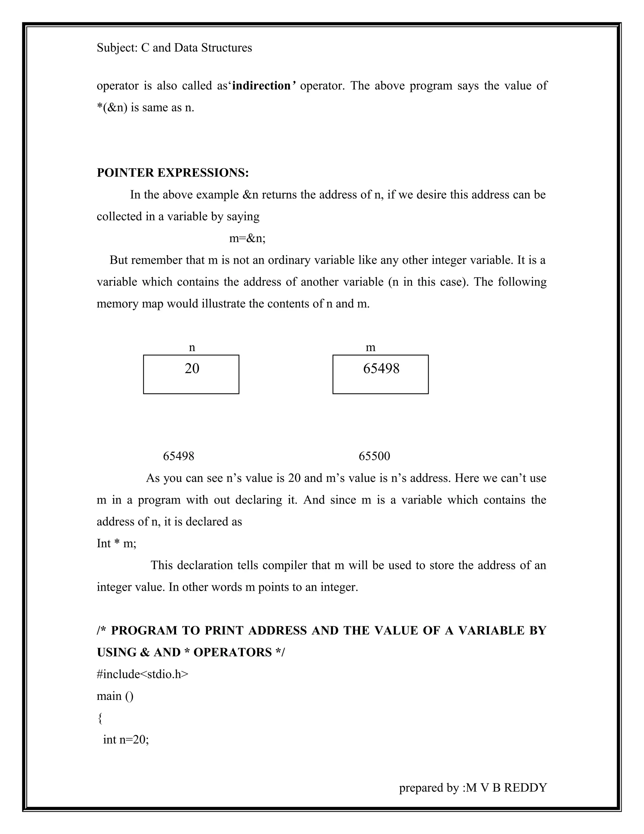 Subject: C and Data Structures 
operator is also called as‘indirection’ operator. The above program says the value of 
*(&n) is same as n. 
POINTER EXPRESSIONS: 
In the above example &n returns the address of n, if we desire this address can be 
collected in a variable by saying 
m=&n; 
But remember that m is not an ordinary variable like any other integer variable. It is a 
variable which contains the address of another variable (n in this case). The following 
memory map would illustrate the contents of n and m. 
n m 
20 65498 
65498 65500 
As you can see n’s value is 20 and m’s value is n’s address. Here we can’t use 
m in a program with out declaring it. And since m is a variable which contains the 
address of n, it is declared as 
Int * m; 
This declaration tells compiler that m will be used to store the address of an 
integer value. In other words m points to an integer. 
/* PROGRAM TO PRINT ADDRESS AND THE VALUE OF A VARIABLE BY 
USING & AND * OPERATORS */ 
#include<stdio.h> 
main () 
{ 
int n=20; 
prepared by :M V B REDDY 
 