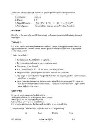 A character refers to the digit, alphabet or special symbol used to data represetation. 
1. Alphabets : A-Z, a-z 
2. Digits : 0-9 
3. Special Characters : ~ ! @ # $ % ^ & * ( ) _ + { } [ ] - <> , . / ?  | : ; " ' 
4. White Spaces : Horizontal tab, Carriage return, New line, form feed 
Identifier : 
Identifier is the name of a variable that is made up from combination of alphabets, digits and 
underscore. 
Variable : 
It is a data name which is used to store data and may change during program execution. It is 
opposite to constant. Variable name is a name given to memory cells location of a computer 
where data is stored. 
* Rules for varibales: 
 First character should be letter or alphabet. 
 Keywords are not allowed to use as a variable name. 
 White space is not allowed. 
 C is case sensitive i.e. UPPER and lower case are significant. 
 Only underscore, special symbol is allowed between two characters. 
 The length of indentifier may be upto 31 characters but only only the first 8 characters are 
significant by compiler. 
 (Note: Some compilers allow variable names whose length may be upto 247 characters. 
But, it is recommended to use maximum 31 characters in variable name. Large variable 
name leads to occur errors.) 
Keywords : 
Keywords are the system defined identifiers. 
All keywords have fixed meanings that do not change. 
White spaces are not allowed in keywords. 
Keyword may not be used as an indentifier. 
It is strongly recommended that keywords should be in lower case letters. 
There are totally 32(Thirty Two) keywords used in a C programming. 
int float Double long 
M V B REDDY GITAM UNIVERSITY BLR 
 