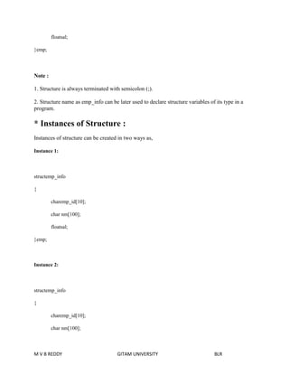 floatsal; 
}emp; 
Note : 
1. Structure is always terminated with semicolon (;). 
2. Structure name as emp_info can be later used to declare structure variables of its type in a 
program. 
* Instances of Structure : 
Instances of structure can be created in two ways as, 
Instance 1: 
structemp_info 
{ 
charemp_id[10]; 
char nm[100]; 
floatsal; 
}emp; 
Instance 2: 
structemp_info 
{ 
charemp_id[10]; 
char nm[100]; 
M V B REDDY GITAM UNIVERSITY BLR 
 
